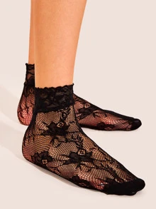 Lace Trim Sheer Mesh Socks 3pairs - Black - View 3