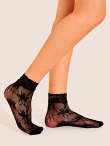 Lace Trim Sheer Mesh Socks 3pairs - Black - View 2