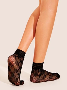 Lace Trim Sheer Mesh Socks 3pairs - Black - View 4