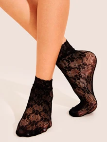 Lace Trim Sheer Mesh Socks 3pairs - Black - View 5