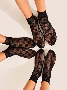 Lace Trim Sheer Mesh Socks 3pairs - Black - View 1