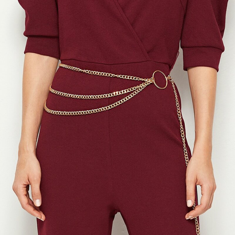 

O-ring Liked Layered Chain Waist Belt, Gold
