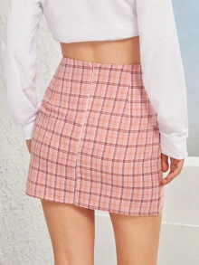 ROMWE Falda ajustada con abertura lateral de cuadros al azar - Rosa - Ver 2