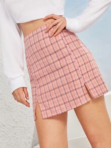 ROMWE Falda ajustada con abertura lateral de cuadros al azar - Rosa - Ver 6