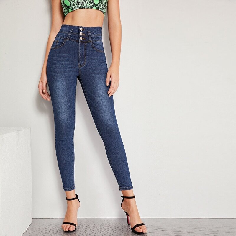 

Button Front Skinny Ankle Jeans, Navy