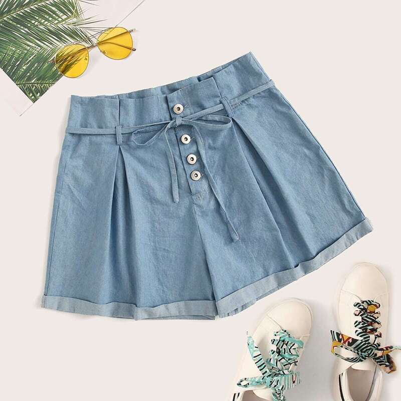 

Button Front Tie Waist Denim Shorts, Blue