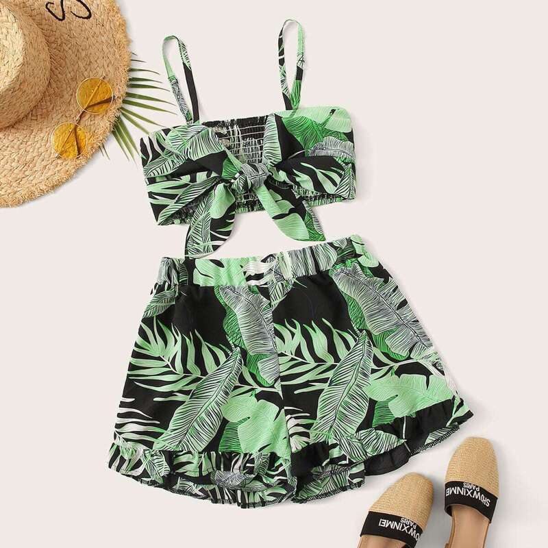 

Plants Print Knot Front Cami Top With Ruffle Hem Shorts, Multicolor