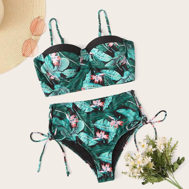 

Tropical Underwire Top With Self Tie Bikini Set, Green