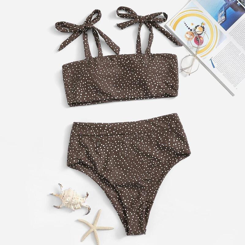 

Polka Dot Self Tie Bikini Set, Brown