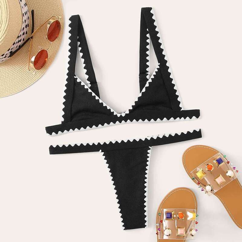 

Contrast Binding Top With Thong Bikini Set, Black