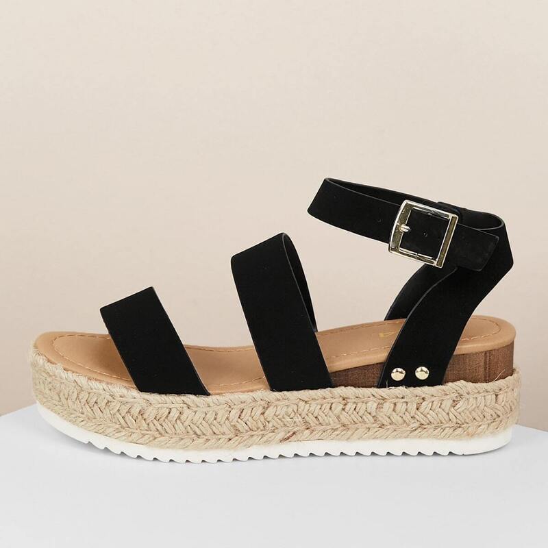 

Double Band Jute Trim Flatform Sandals, Black