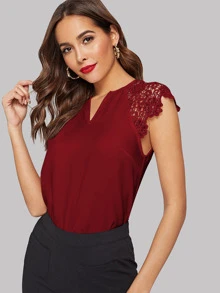 SHEIN 西裝領緹花蕾絲袖上衣 - 酒紅色 - 查看 1