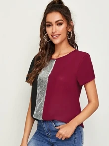 SHEIN Clasi Cut-and-Sew Sequin Panel Top - Burgundy - View 4