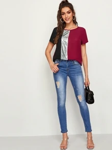 SHEIN Clasi Cut-and-Sew Sequin Panel Top - Burgundy - View 3