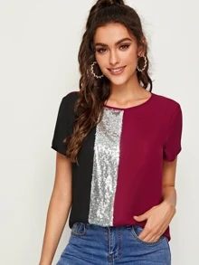 SHEIN Clasi Cut-and-Sew Sequin Panel Top - Burgundy - View 1