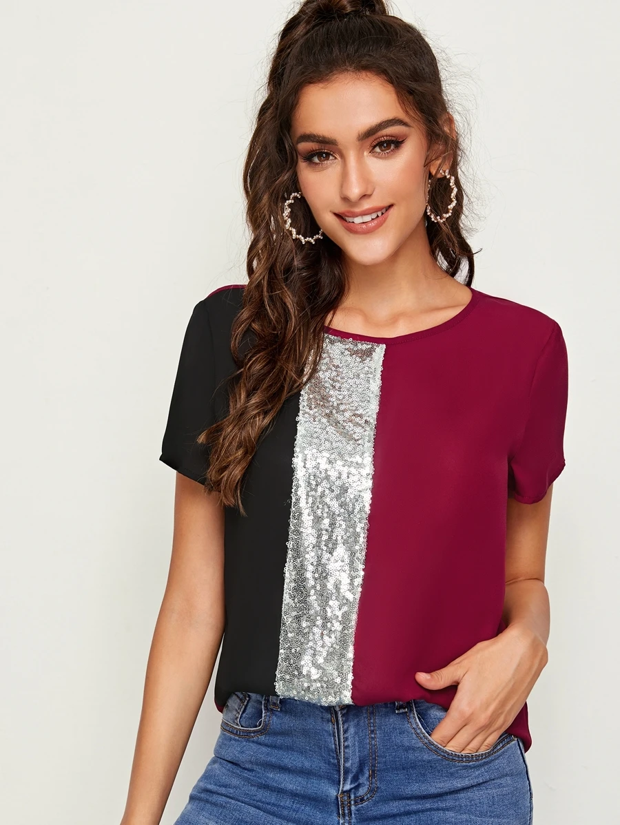 SHEIN Clasi Cut-and-Sew Sequin Panel Top - Burgundy - View 1