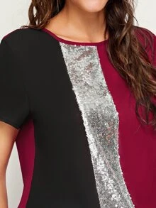 SHEIN Clasi Cut-and-Sew Sequin Panel Top - Burgundy - View 5