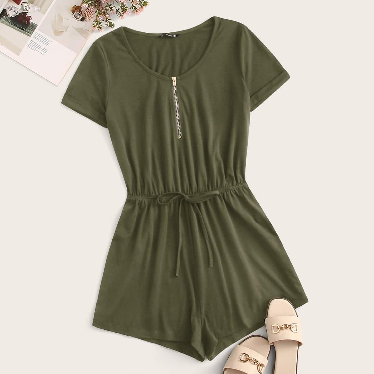 

Zipper Front Tie Waist Romper, Army green