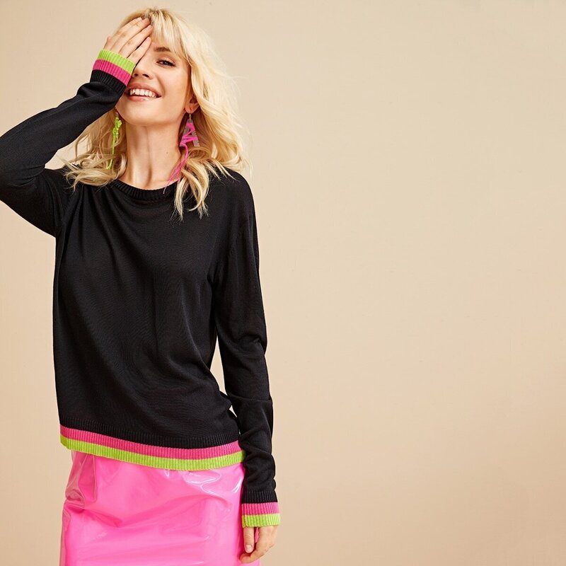 

Contrast Striped Trim Sweater, Black