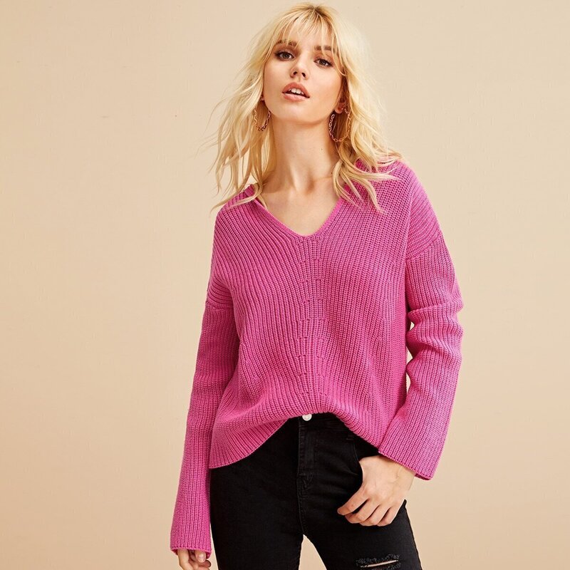 

Drop Shoulder Solid Hooded Sweater, Pink bright