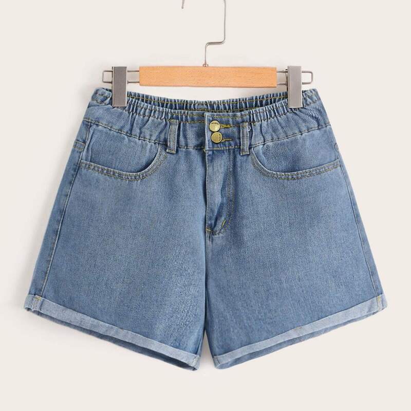

Plus Solid Roll Cuff Denim Shorts, Blue