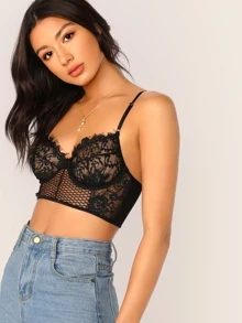 SHEIN Mesh Floral Lace Bustier Crop Top - Black - View 3