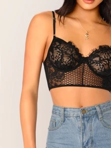 SHEIN Mesh Floral Lace Bustier Crop Top - Black - View 4