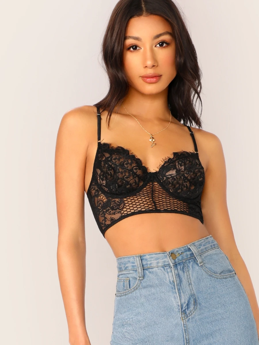 SHEIN Mesh Floral Lace Bustier Crop Top - Black - View 1