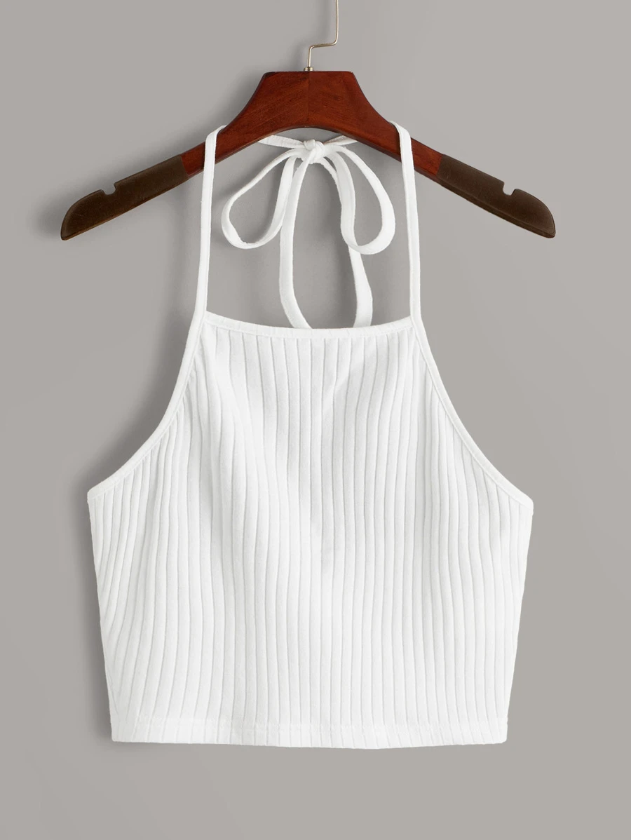 SHEIN EZwear Top halter unicolor tejido de canalé - Blanco - Ver 1