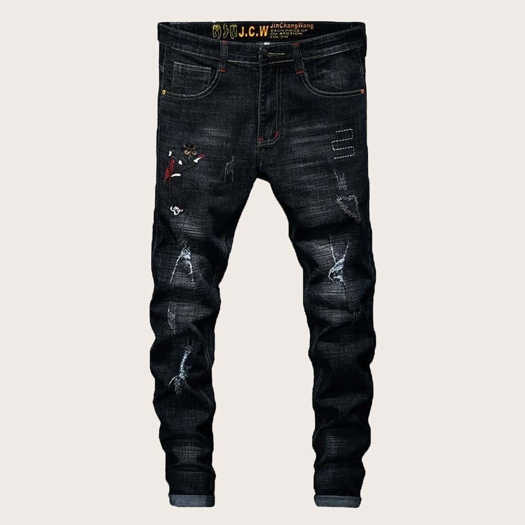 

Guys Destroyed Embroidery Jeans, Black