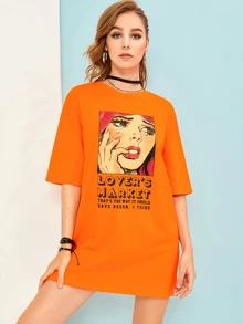 Pop Art Print Tee Dress - Orange - View 1