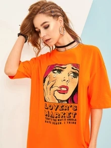 Pop Art Print Tee Dress - Orange - View 5