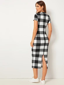 SHEIN Essnce 格紋小高領開衩窄身洋裝 - 黑與白 - 查看 2