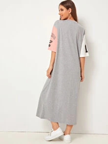 Mulvari Colour-block Sleeve Varsity Print Tee Dress - Light Grey - View 2