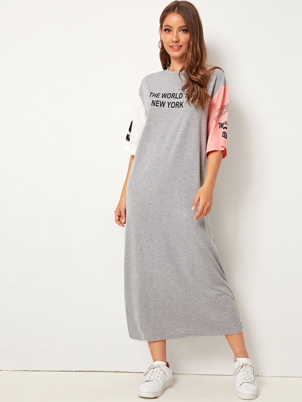 Mulvari Colour-block Sleeve Varsity Print Tee Dress