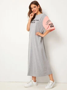 Mulvari Colour-block Sleeve Varsity Print Tee Dress - Light Grey - View 4