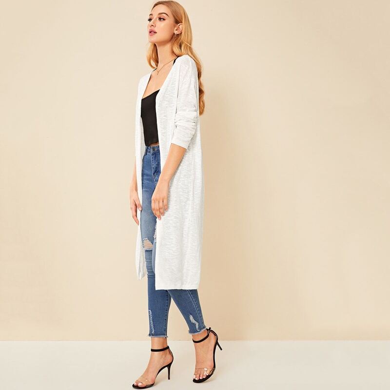 Solid Open Front Midi Sweater Cardigan, White