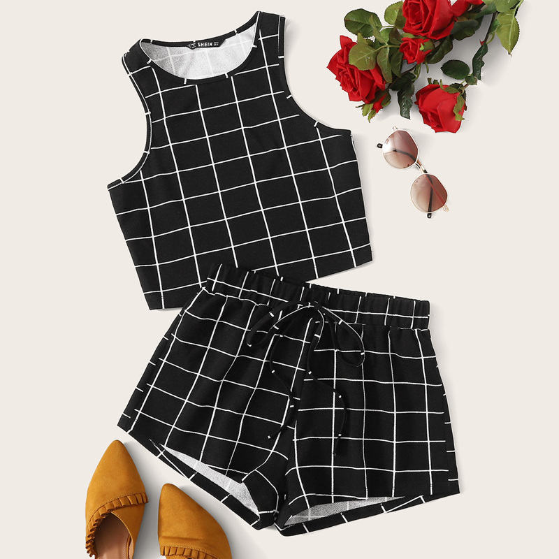 

Grid Print Tank Top & Drawstring Waist Shorts Set, Black