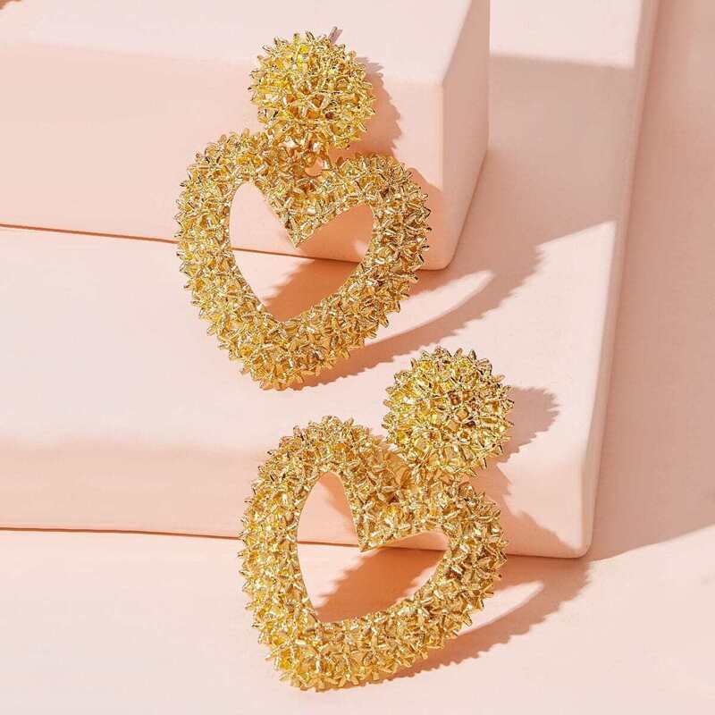 

Open Heart Textured Drop Earrings 1pair, Gold
