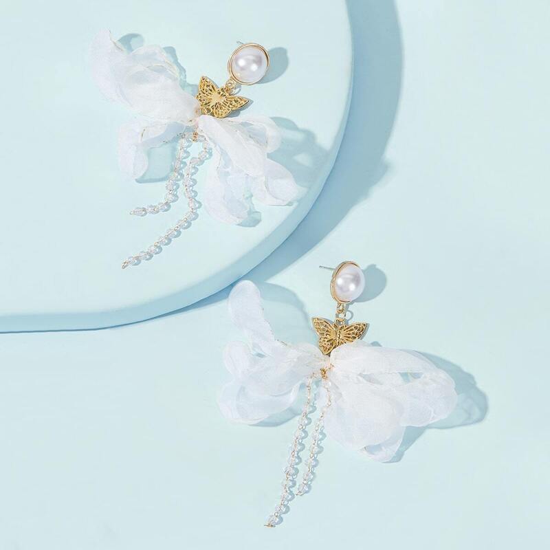 

Butterfly & Flower Decor Beaded Fringe Drop Earrings 1pair, White