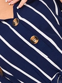 Striped Knot Cuff Belted Shirt Dress - Navy Blue - View 3