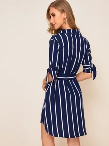 Striped Knot Cuff Belted Shirt Dress - Navy Blue - View 2