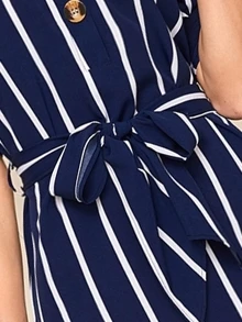 Striped Knot Cuff Belted Shirt Dress - Navy Blue - View 4