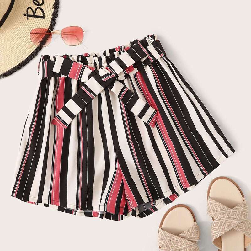 

Striped Wide Leg Belted Shorts, Multicolor