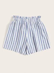 Self-Tie Belted Striped Paperbag Shorts - Blue and White - View 2