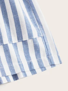 Self-Tie Belted Striped Paperbag Shorts - Blue and White - View 5