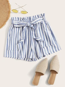 Self-Tie Belted Striped Paperbag Shorts - Blue and White - View 1