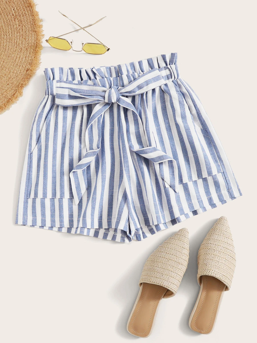 Self-Tie Belted Striped Paperbag Shorts - Blue and White - View 1