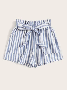 Self-Tie Belted Striped Paperbag Shorts - Blue and White - View 3