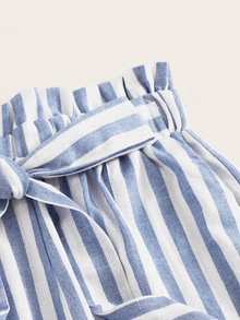 Self-Tie Belted Striped Paperbag Shorts - Blue and White - View 4